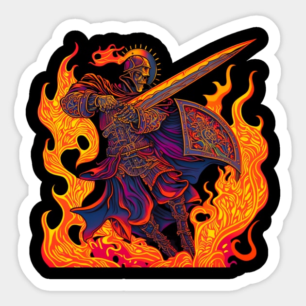 Knight Warrior with Hellfire - Fiery Fantasy Art Print Sticker by JojoArtEvo